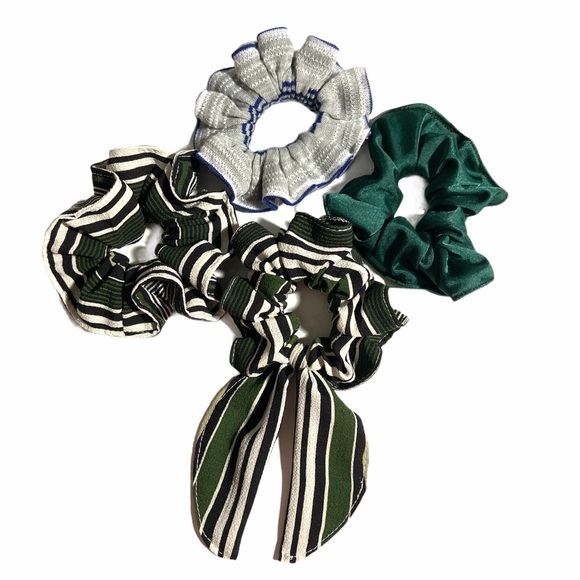 Handmade Scrunchies 4 Pieces Mixed Green Blue Fabrics Handcrafted - Picture 1 of 10